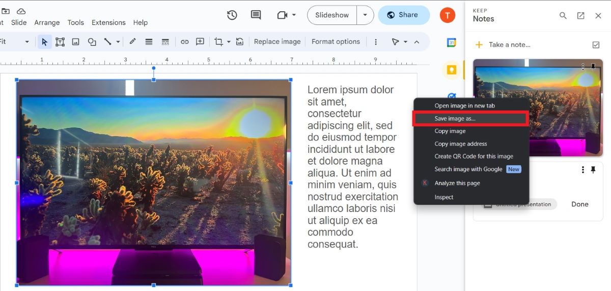 An image from Google Slides is saved to the Keep Notes and being downloaded by Save image as feature