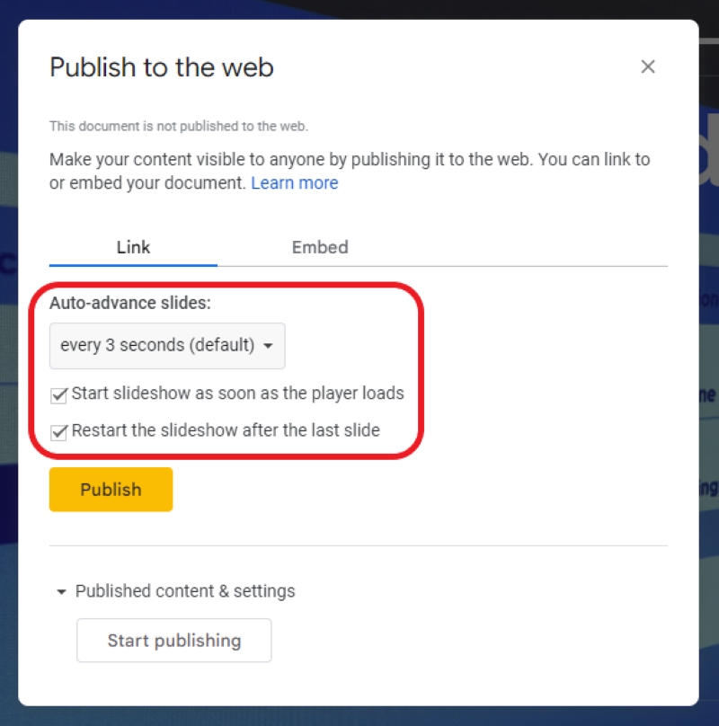 Auto-advance slides section in Google Slides Publish to the web setting