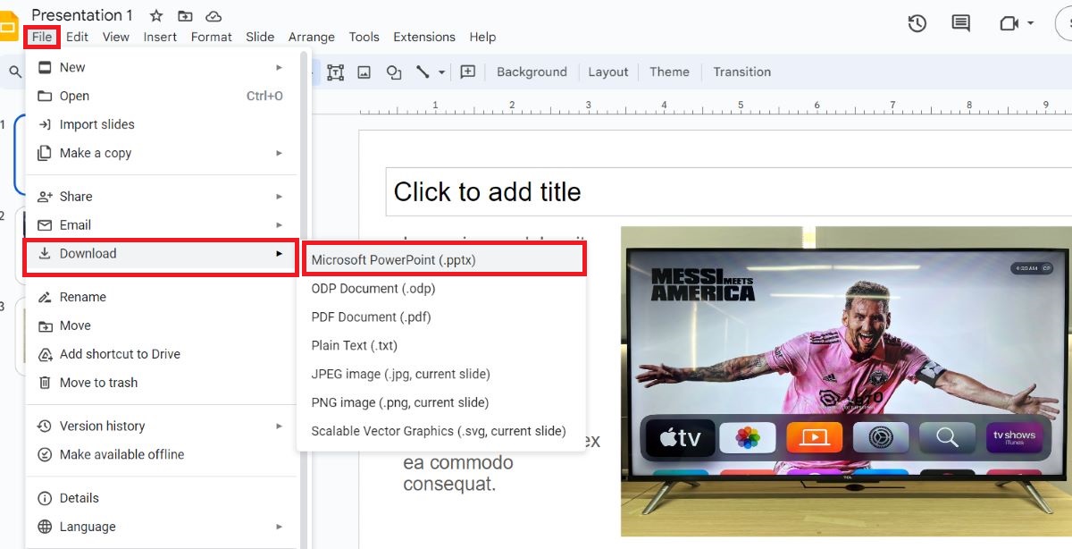 Saving Google Slide as PowerPoint file option from the Google Slides
