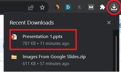 The downloading icon from Google Chrome being highlighted with the Presentation PowerPoint file