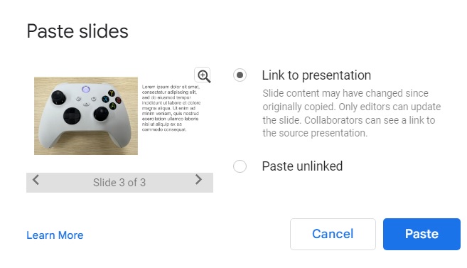 The paste slides feature from Google Docs asking users to select one of the options