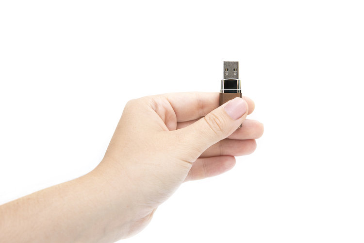 A hand holding a USB flash drive