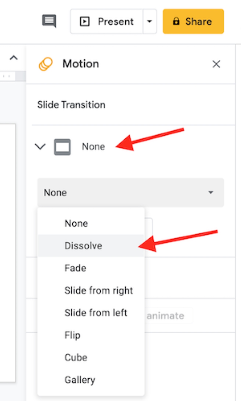 select Dissolve in the Google Slide Transition setting menu