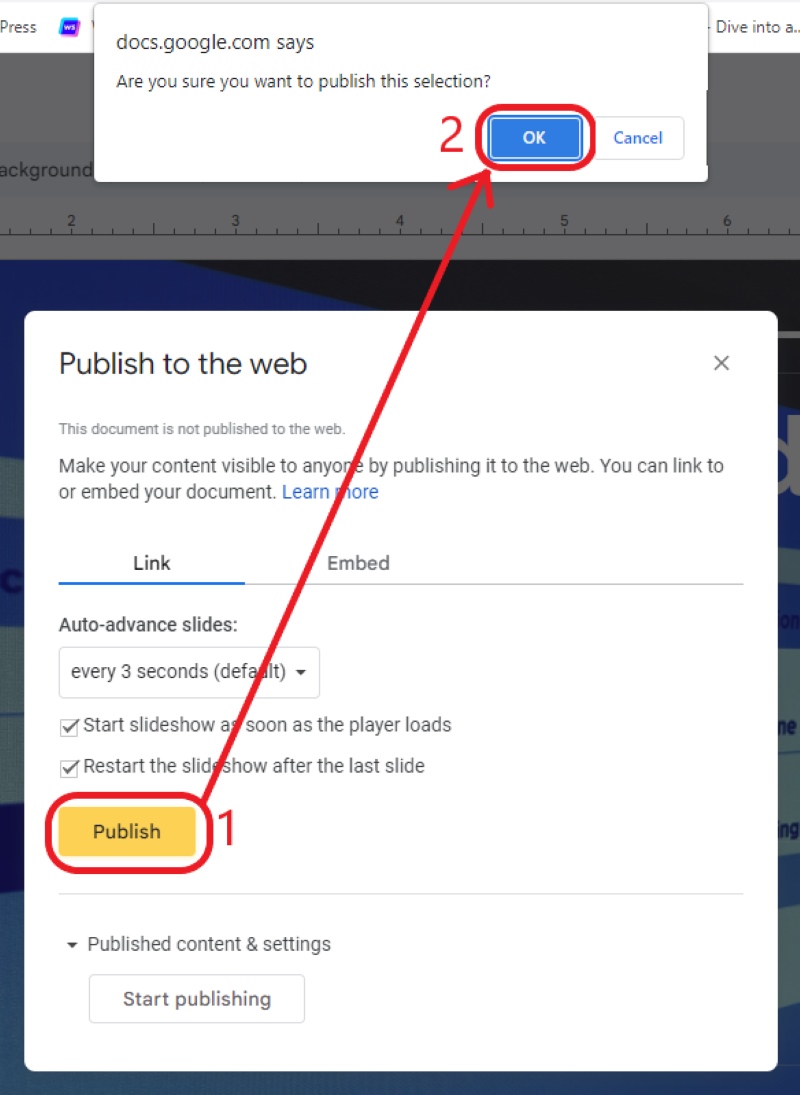 select OK to publish a Goolge Slides file