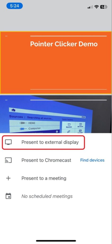 select Present to external display button in Google Slide