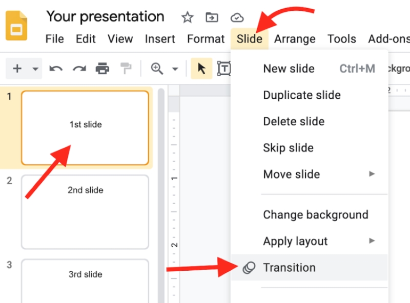 select Transition in the ribbon Slide menu in Google Slide