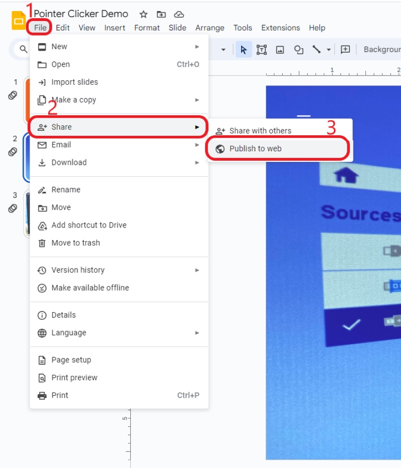select the Publish to Web option in the Google Slide File setting menu