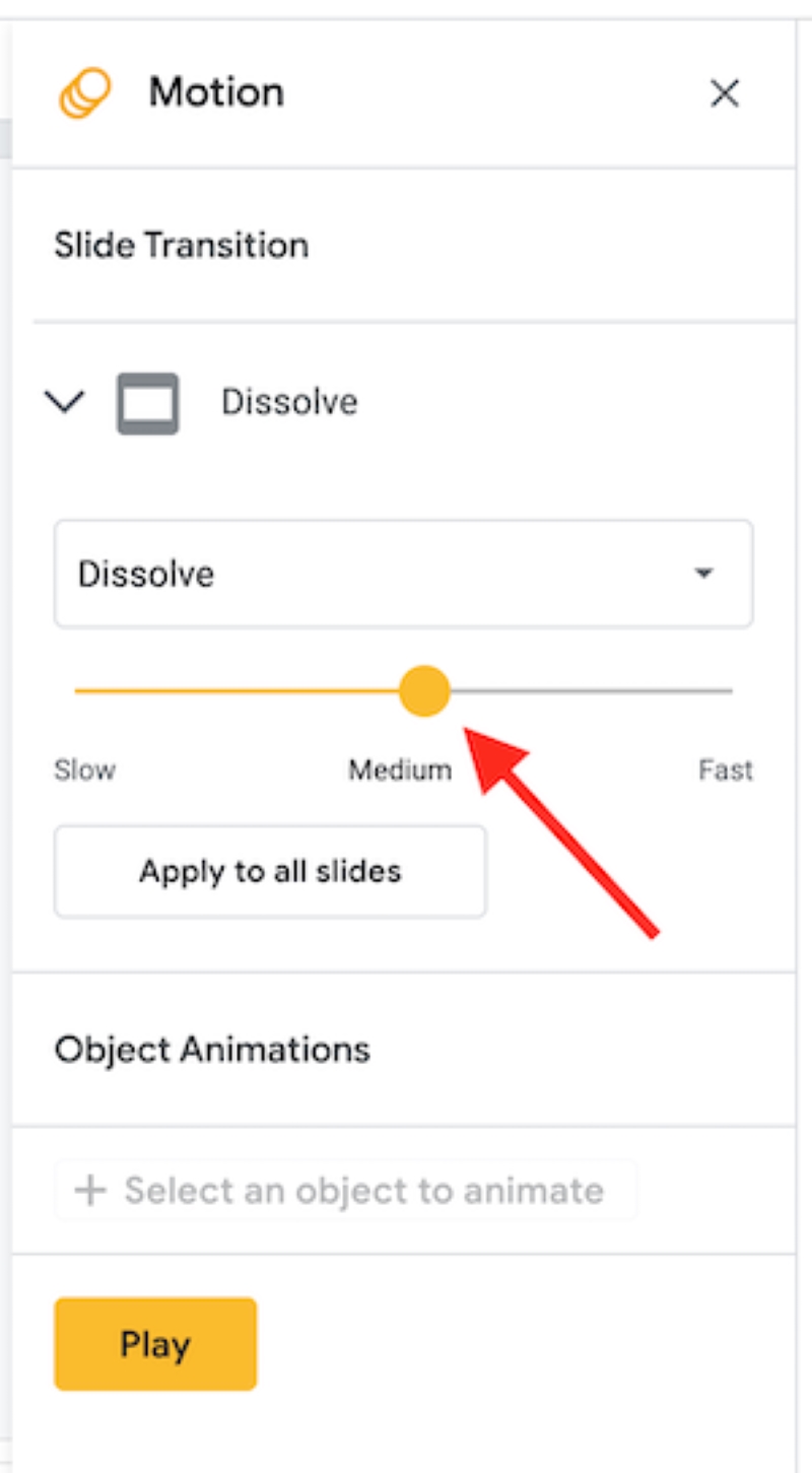 settings transition speed in Google Slides Transition setting menu