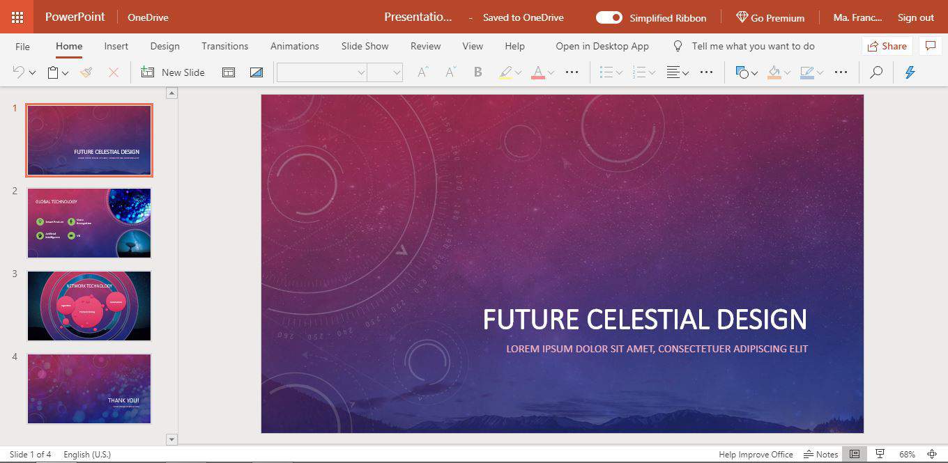 find celestial theme office word 2016