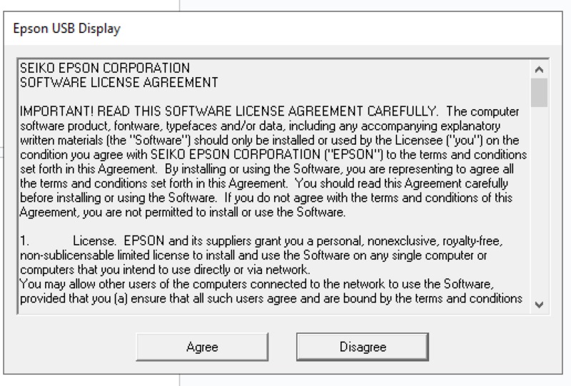 select Agree to install the Epson USB Display driver