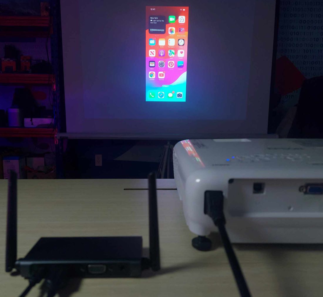 Epson projector is casting iPhone content on to the projector screen