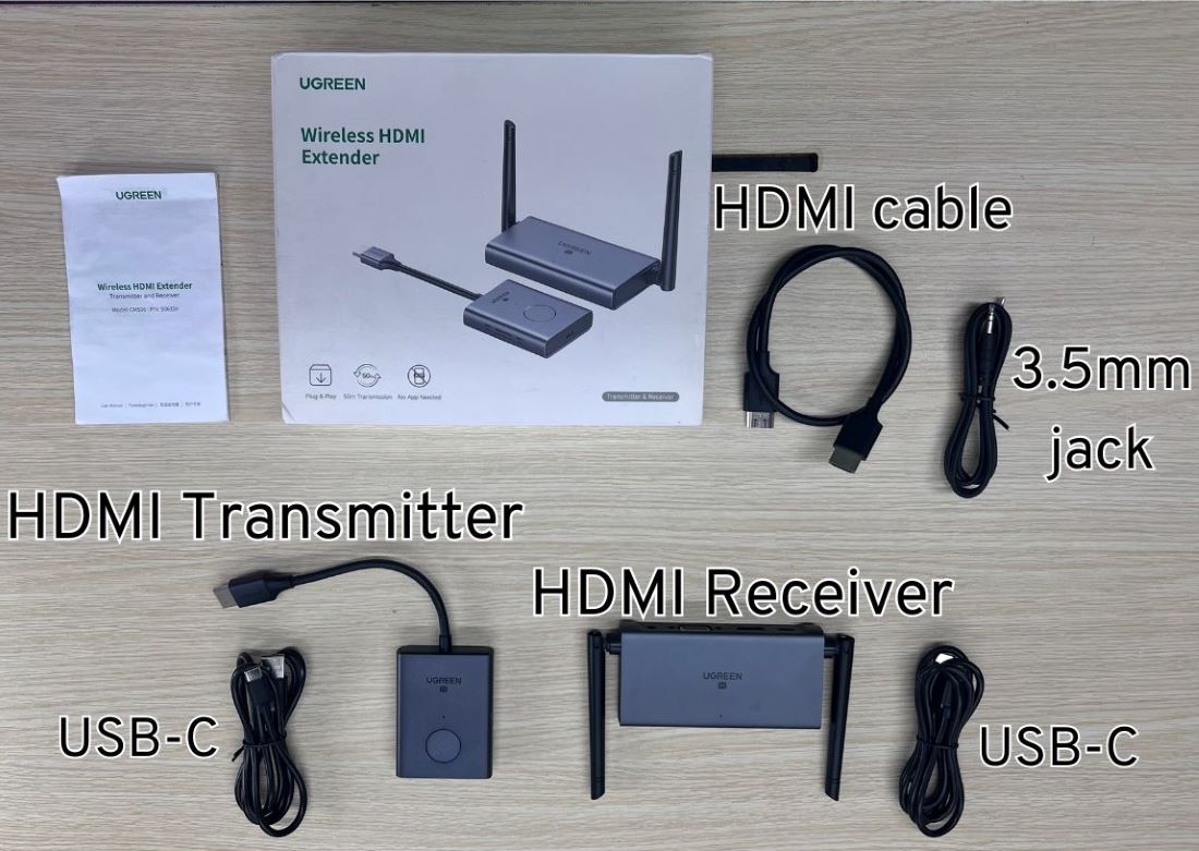 The devices and cables from the HDMI Wireless Extender