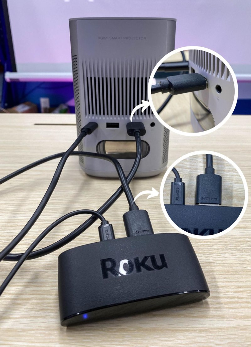 a Roku player is connecting to an XGIMI projector via an HDMI cable