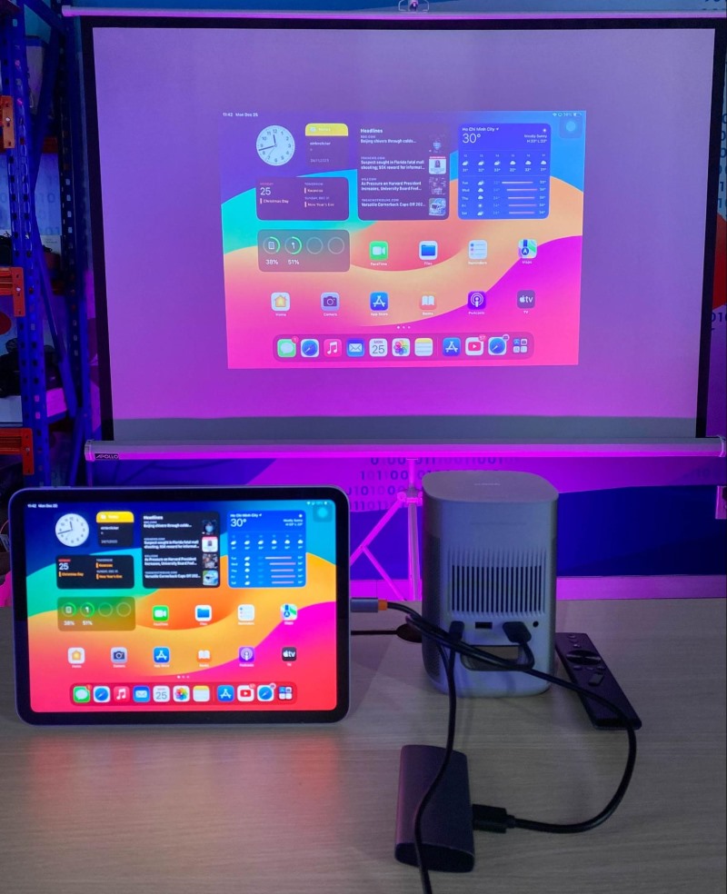 an iPad is connecting to a projector via a USB-C hub