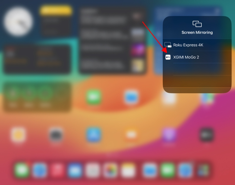 select XGIMI MoGo 2 in iPad screen mirroring device list