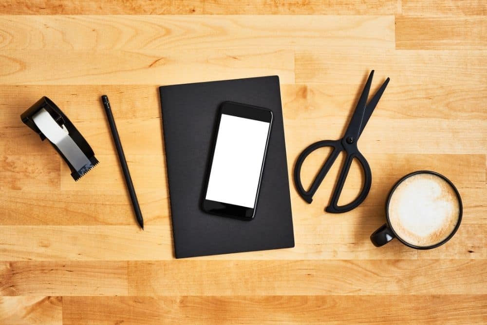 tape, smartphone, pencil, scissor