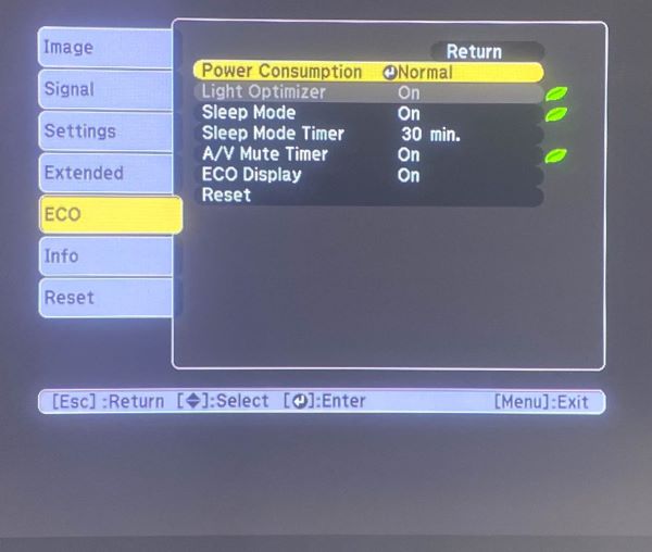 ECO and Power Consumption settings on Epson projector