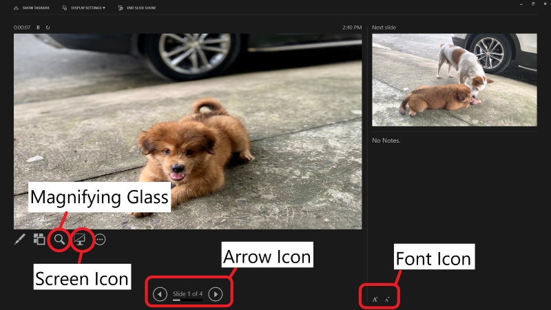 Magnifying Glass, Screen, Arrow, and Font icons in the PowerPoint Presenter View