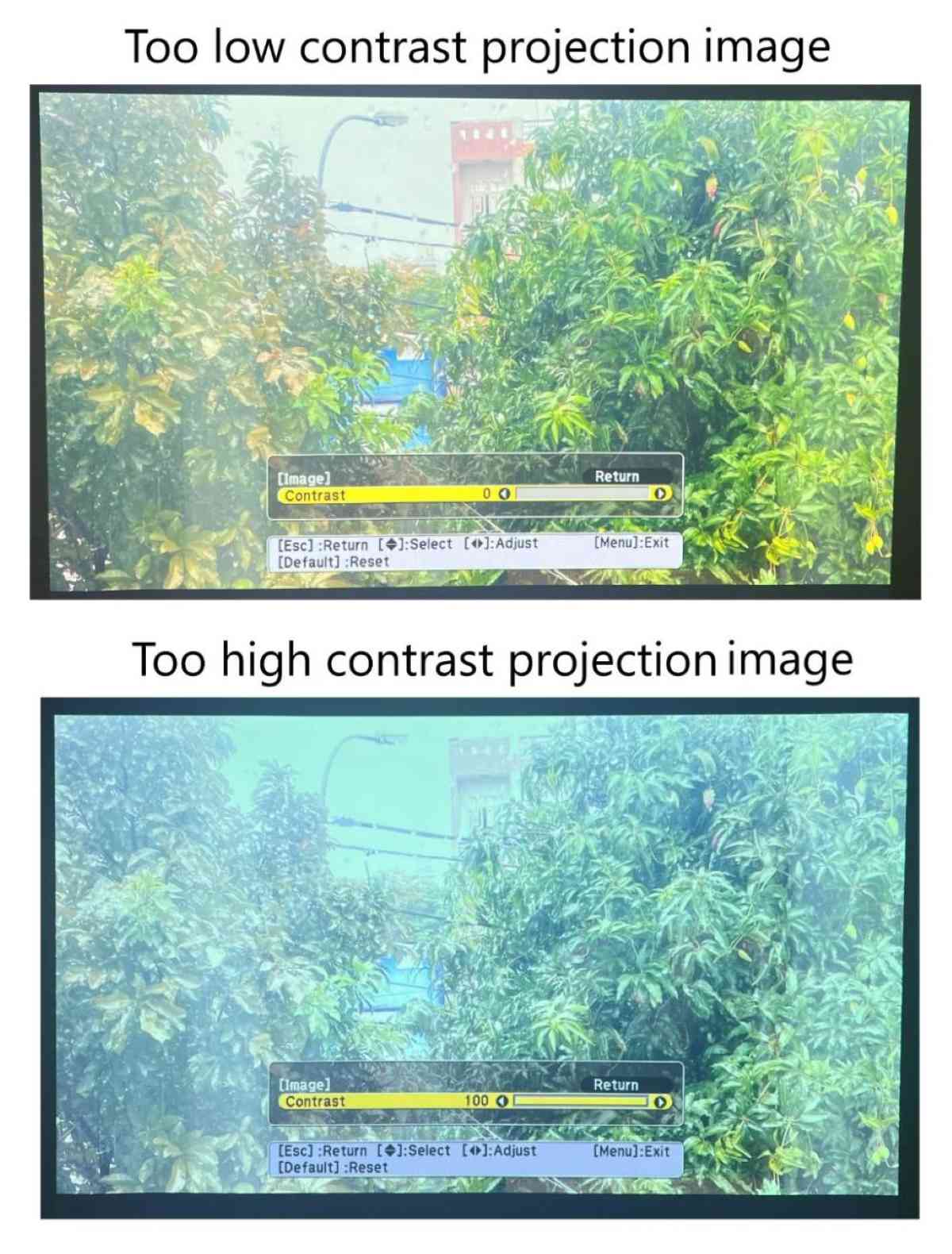 comparison between too-low and too-high contrast projection images