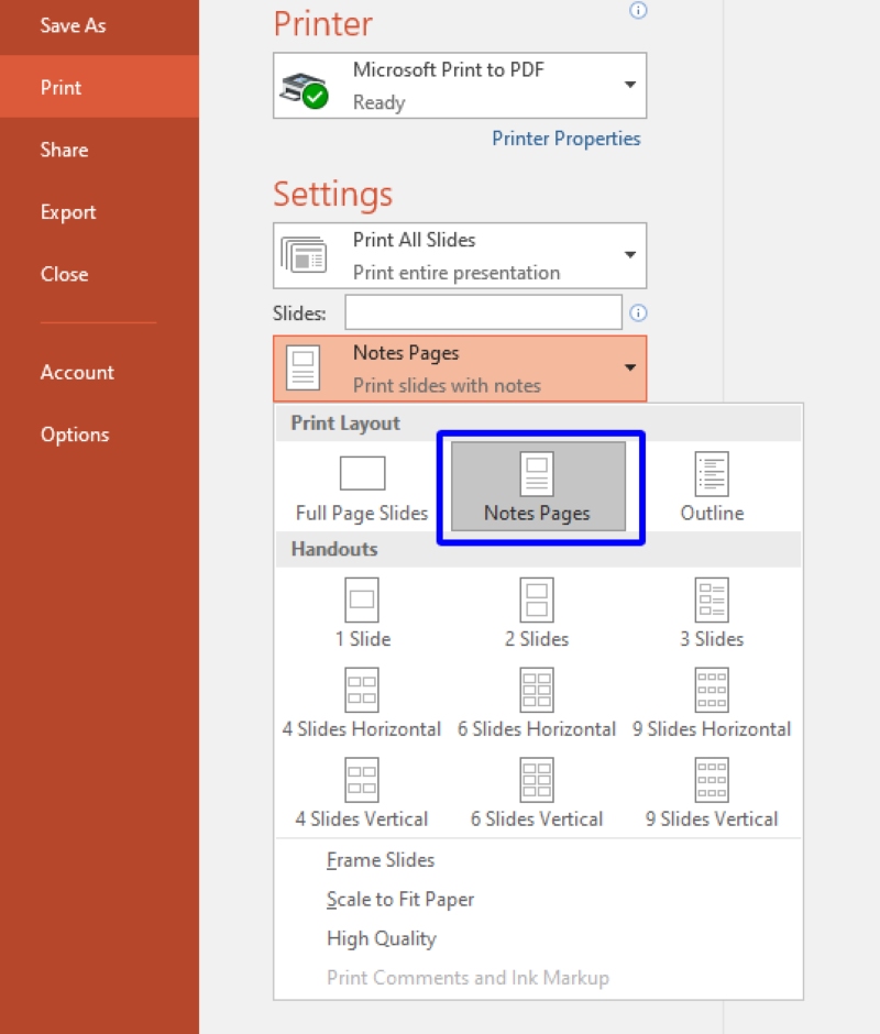 select Note Pages in Print Layout settings in Power Point