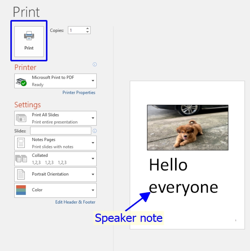 select Print icon in Power Point