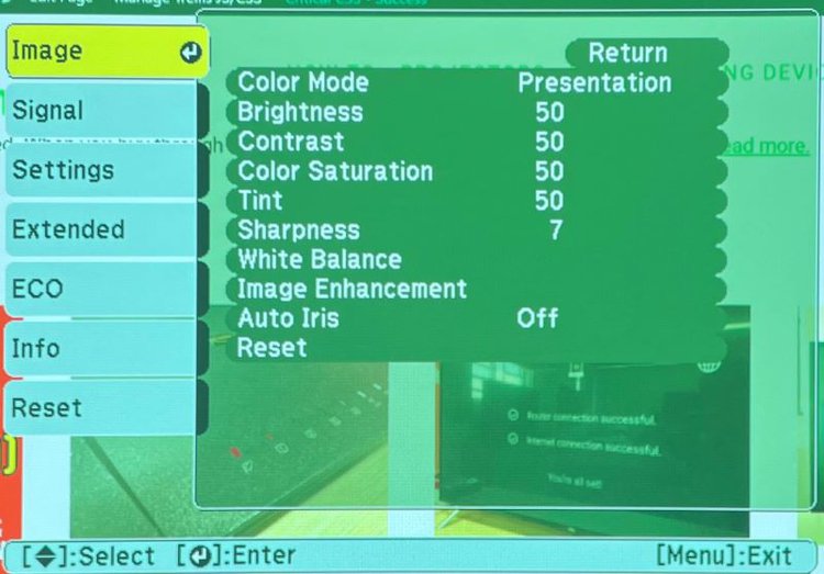 Menu settings screen on Epson projector while being green-tint