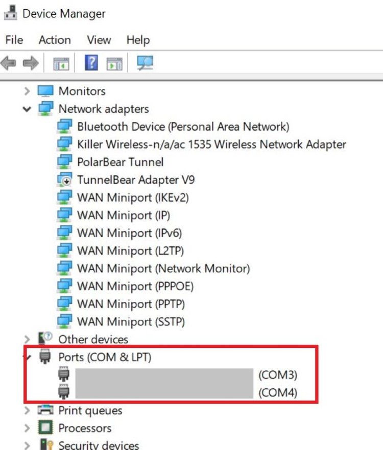 Ports (COM & LPT) settings in Device Manager of a Window laptop