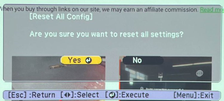 Yes selection to reset all settings on Epson projector