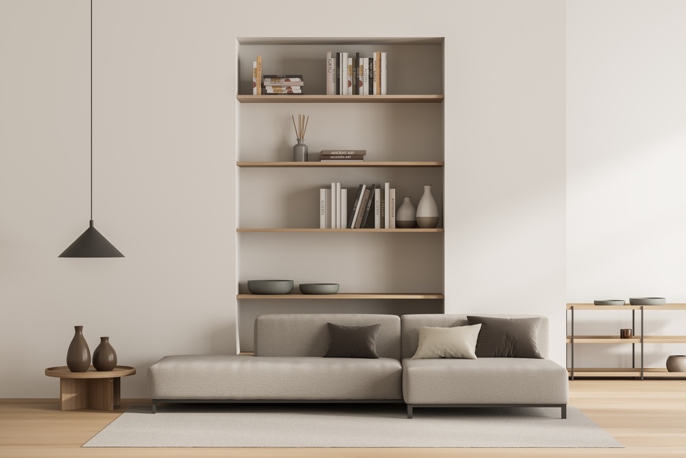 a modern living room with recessed wall shelves