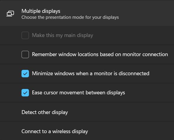 multiple displays' dropped down menu of a win 11 laptop
