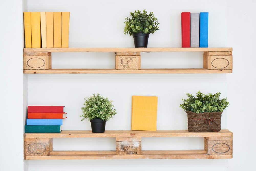 wooden shelves with books and plants
