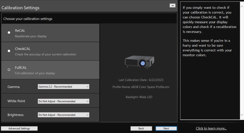 Calibration settings screen on SpyderX Elite software
