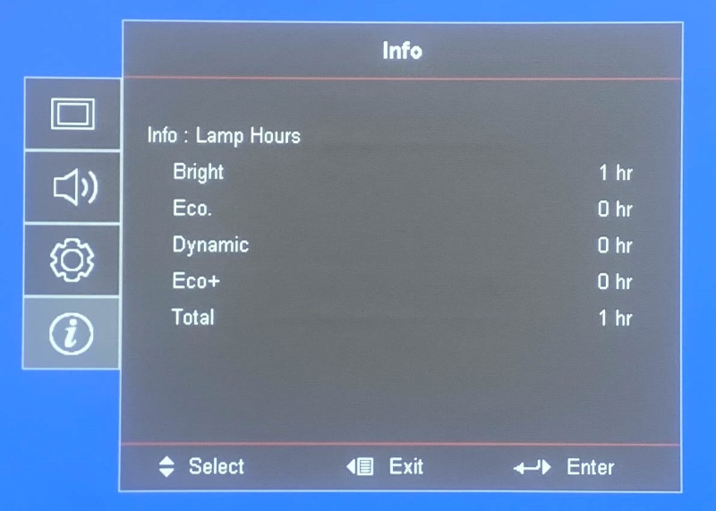 Lamp Hours in Optoma projector Info tab