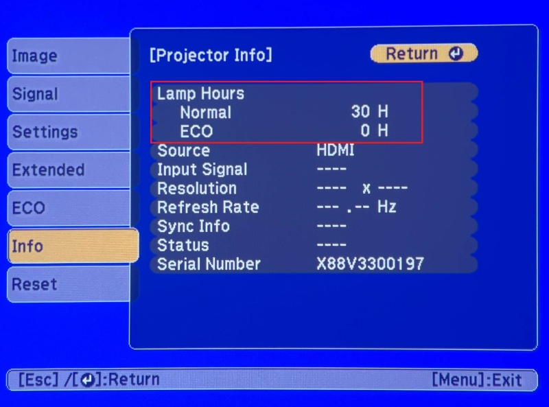 Lamp Hours info highlights in Epson projector settings