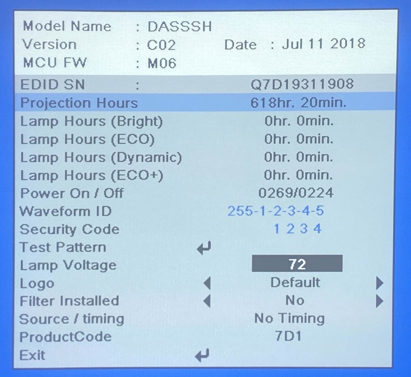 Projection Hours highlighted in Optoma projector Service Menu