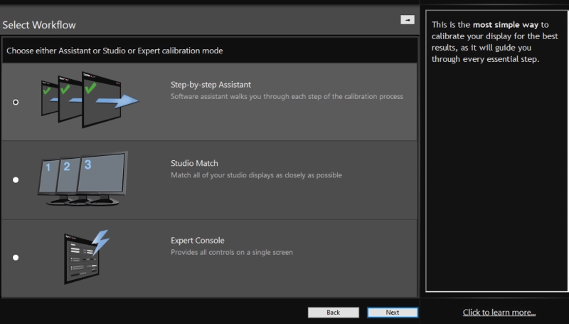 Select Workflow screen on SpyderX Elite software