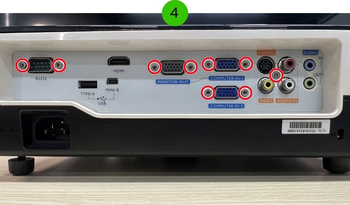 The display ports connection at the back of the BenQ projector