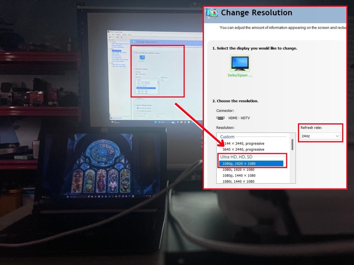 The resolution of the Epson projector is set to 1080p with 24Hz on Acer laptop