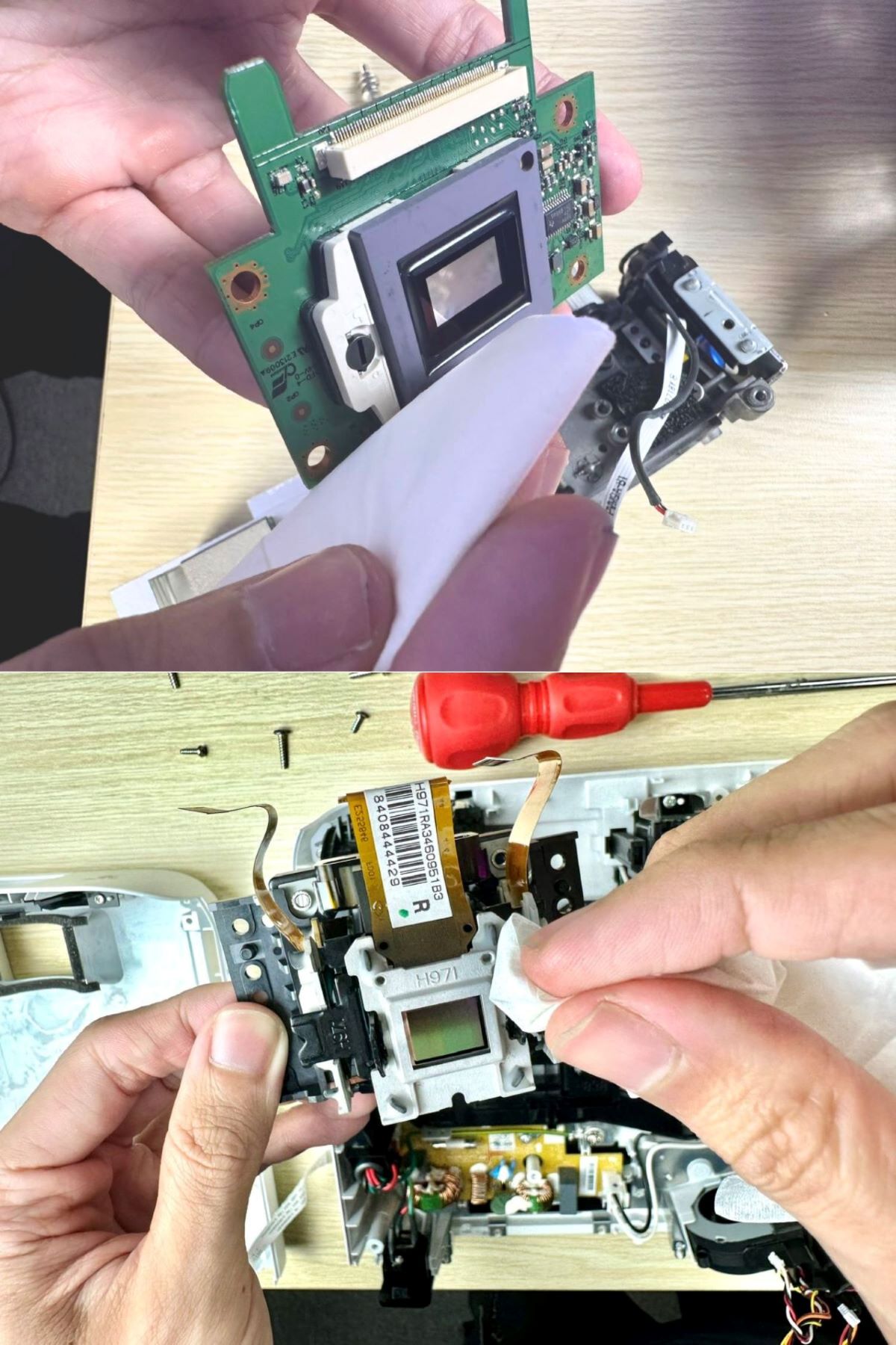 a hand cleaning the dmd chip & lcd panel of projectors