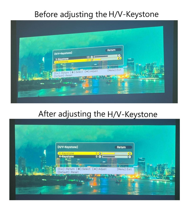 comparison of projection images before and after adjusting the Keystone