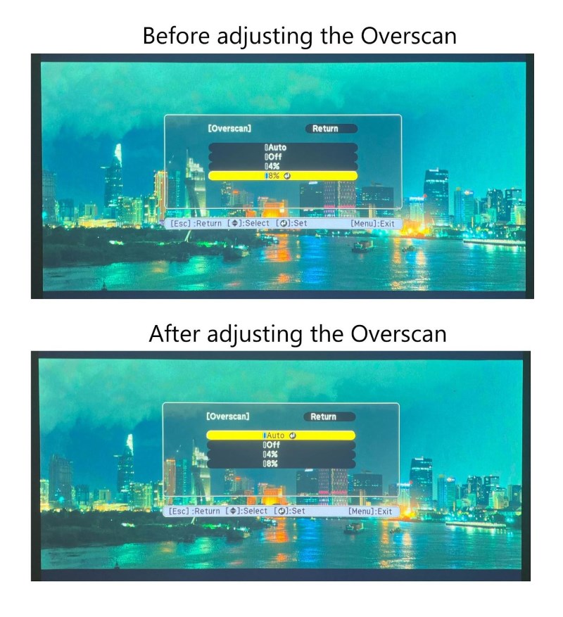 comparison of projection images before and after adjusting the Overscan