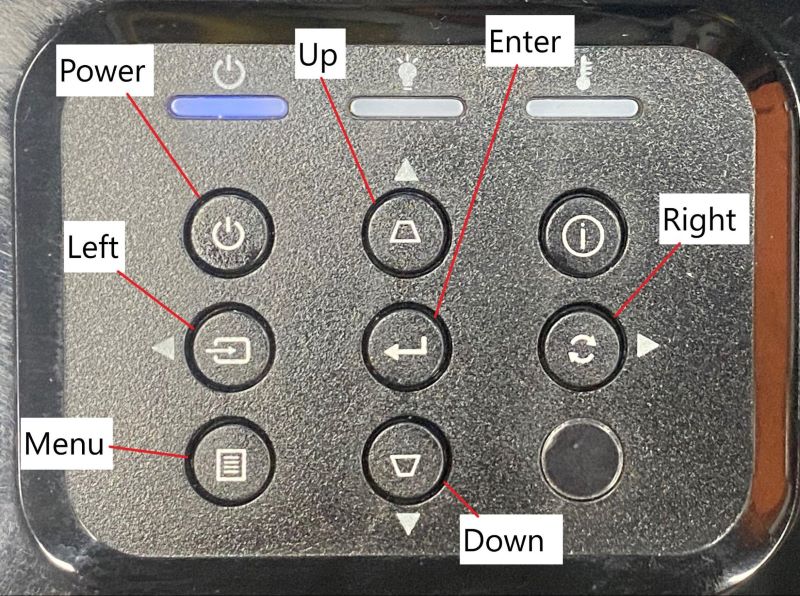 labeled buttons on Optoma projector control panels