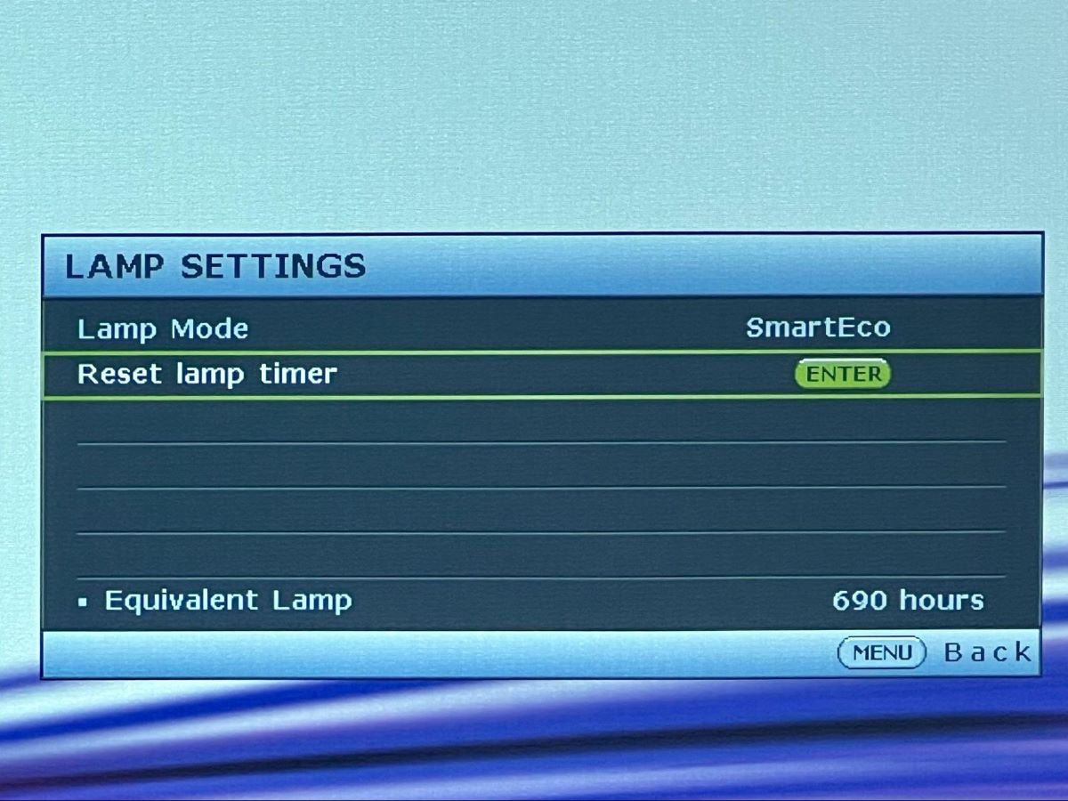 reset lamp timer option is highlighted on an epson