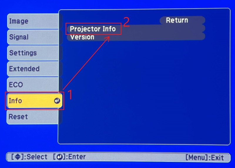 select Info and followed Projector Info in the Epson projector setting screen