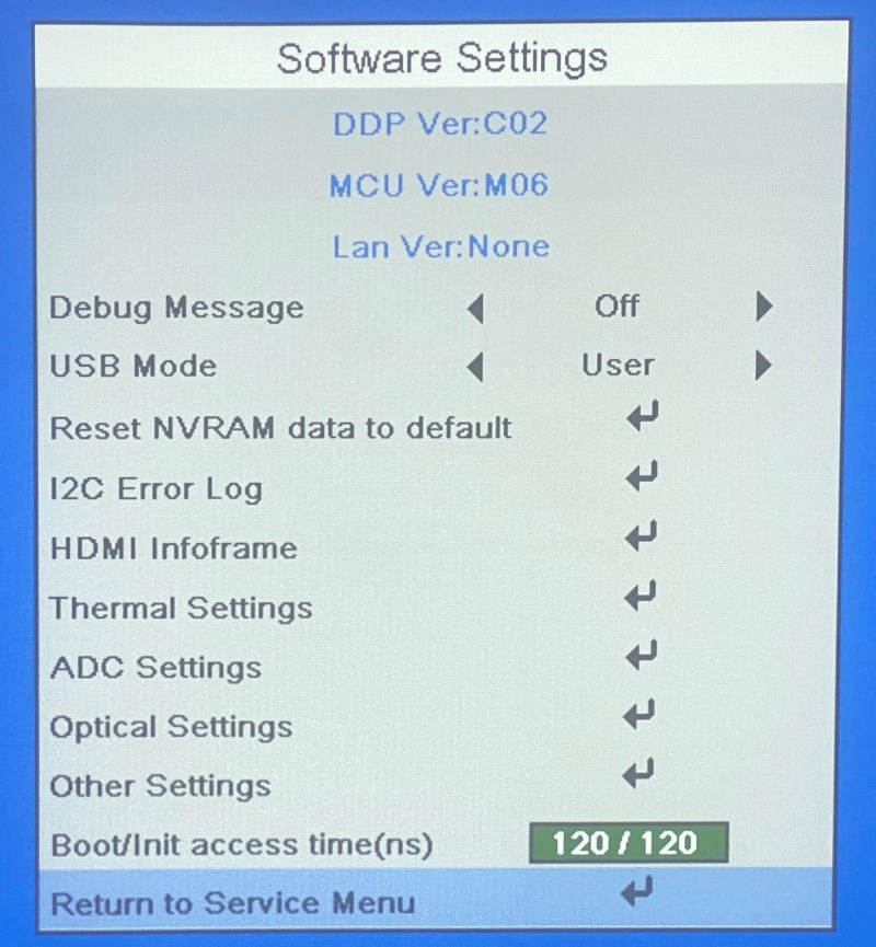select Return to Service Menu in Optoma projector Software Settings screen
