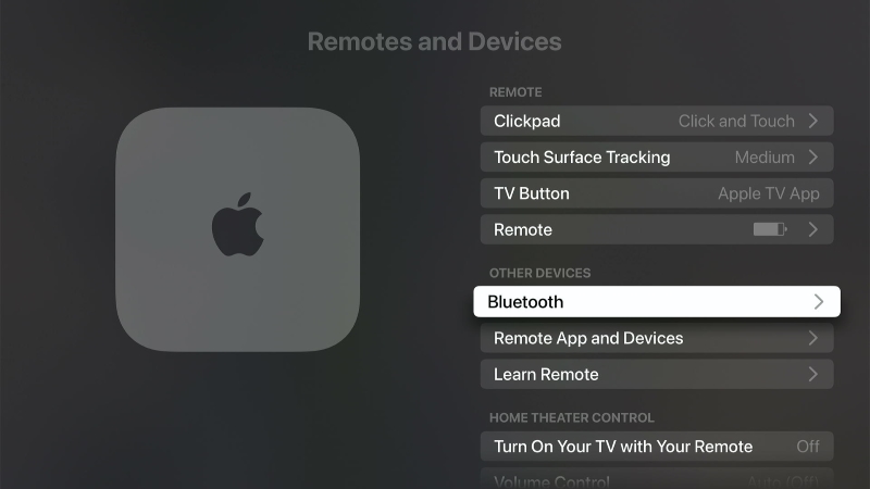 Bluetooth options in Apple TV Remotes and Devices settings screen