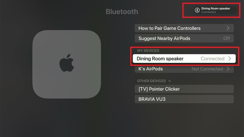 External speaker connected notification on Apple TV Bluetooth settings