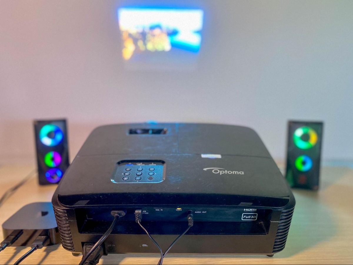Optoma projector is connected to external speakers