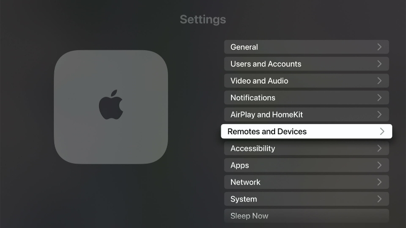 Remotes and Devices option in Apple TV Settings screen