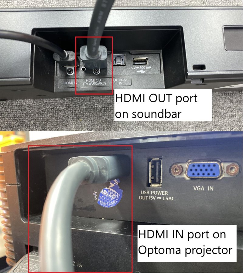 connect the HDMI out port on the soundbar to the HDMI in port on the Optoma projector